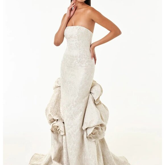 AZAZIE Atelier Donatella Champagne Brocade Black Tie Wedding Dress Gown Size 14 - Picture 1 of 7